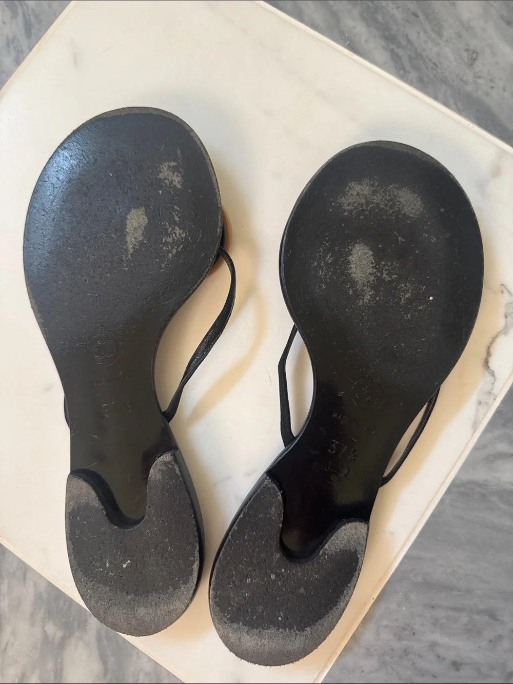 CHANEL Black and Brown Logo Round-Toe Thong Sandals